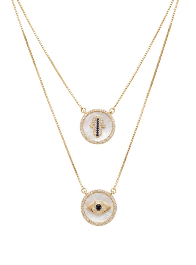 Layered Gold Necklace Hamsa & Evil Eye – Elegant Solar Charm | La Carioca