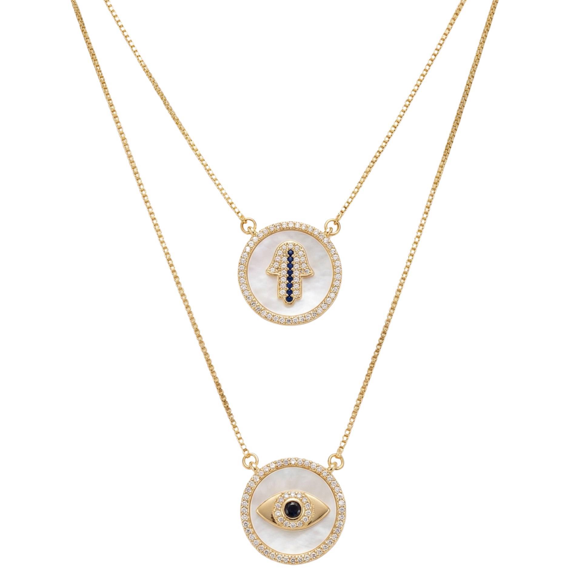 Layered Gold Necklace Hamsa & Evil Eye – Elegant Solar Charm | La Carioca