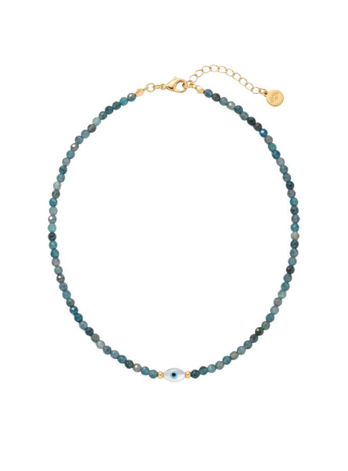 Collier Pierre Apatite Bleue Oeil Grec Perle d'Eau Douce