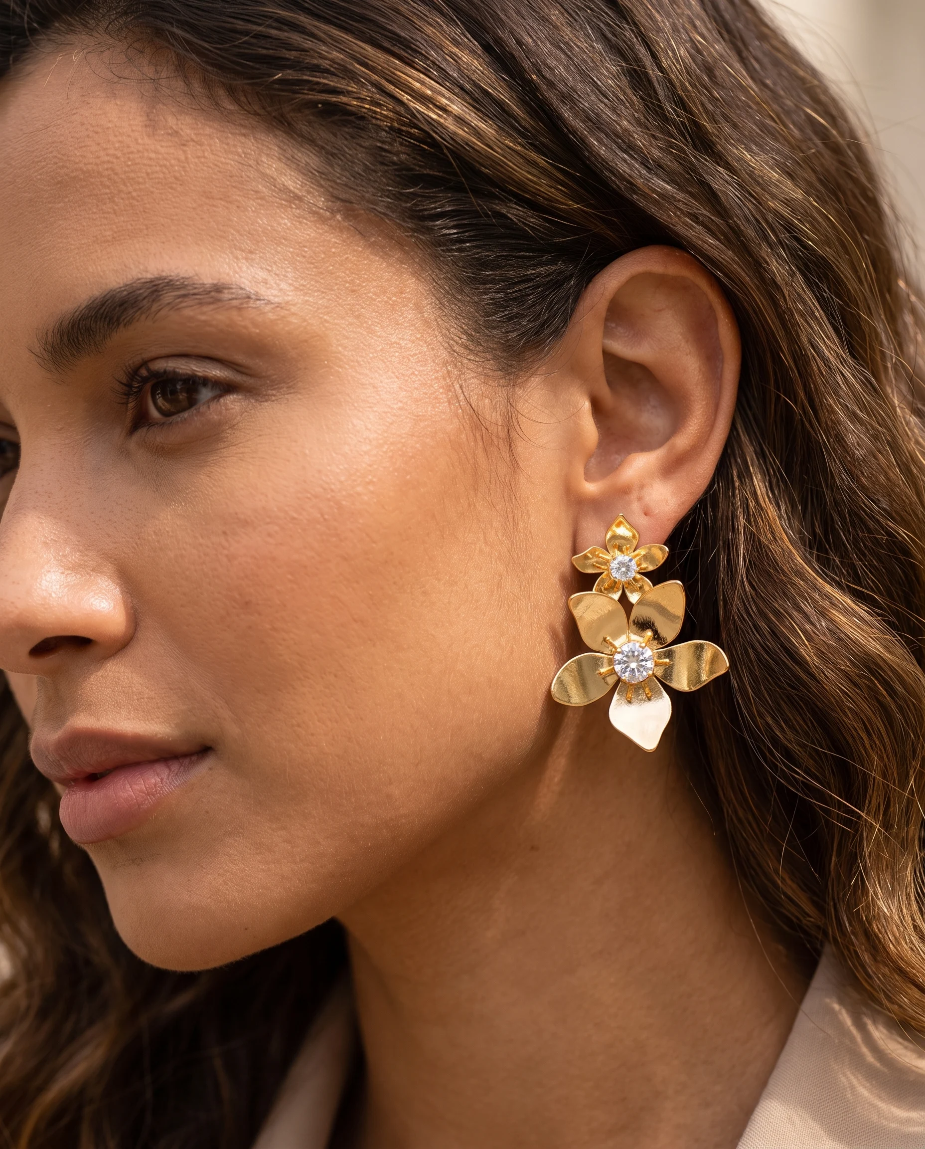 Two-Flower Earrings with Crystal Centers, Worn, Close-Up View