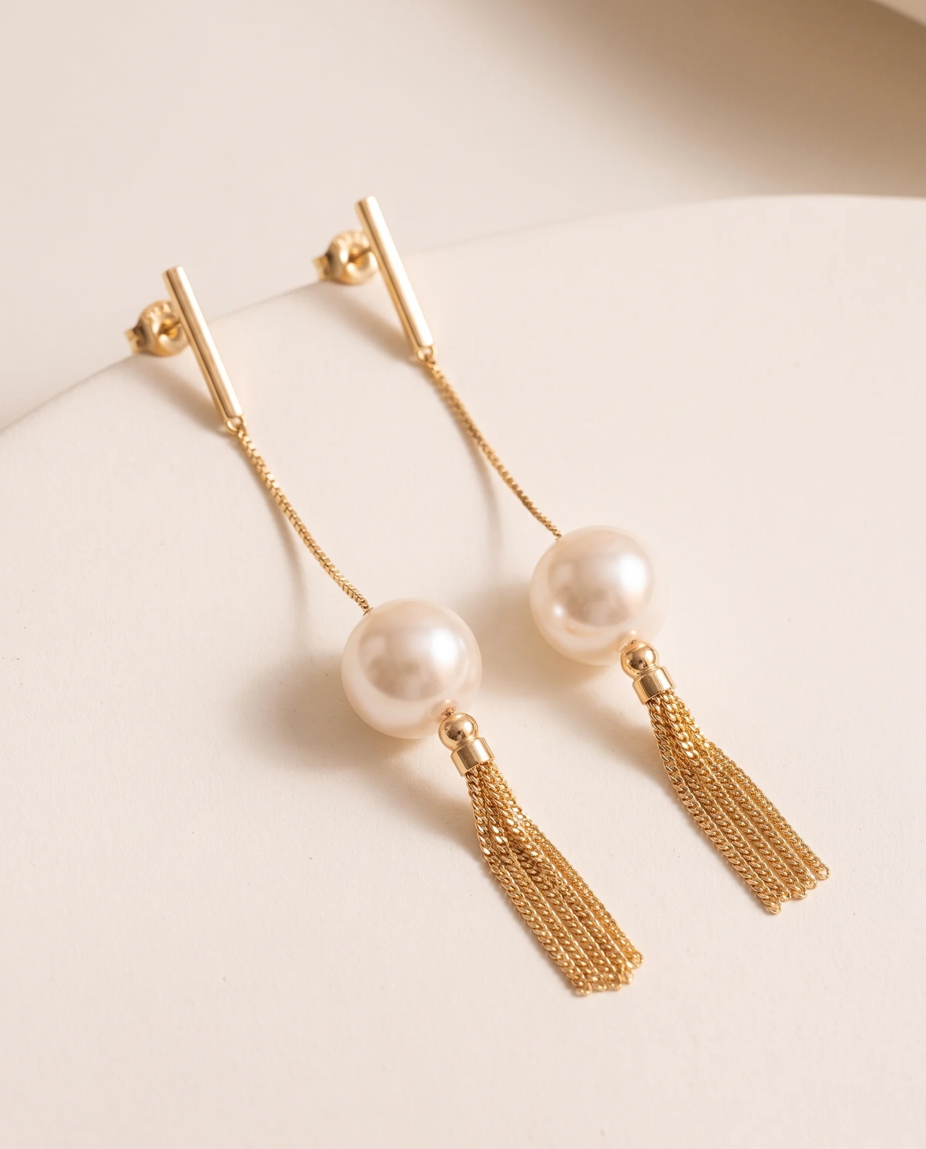 Bar post earrings with Venetian chain and pearl fringe, pair, close-up view