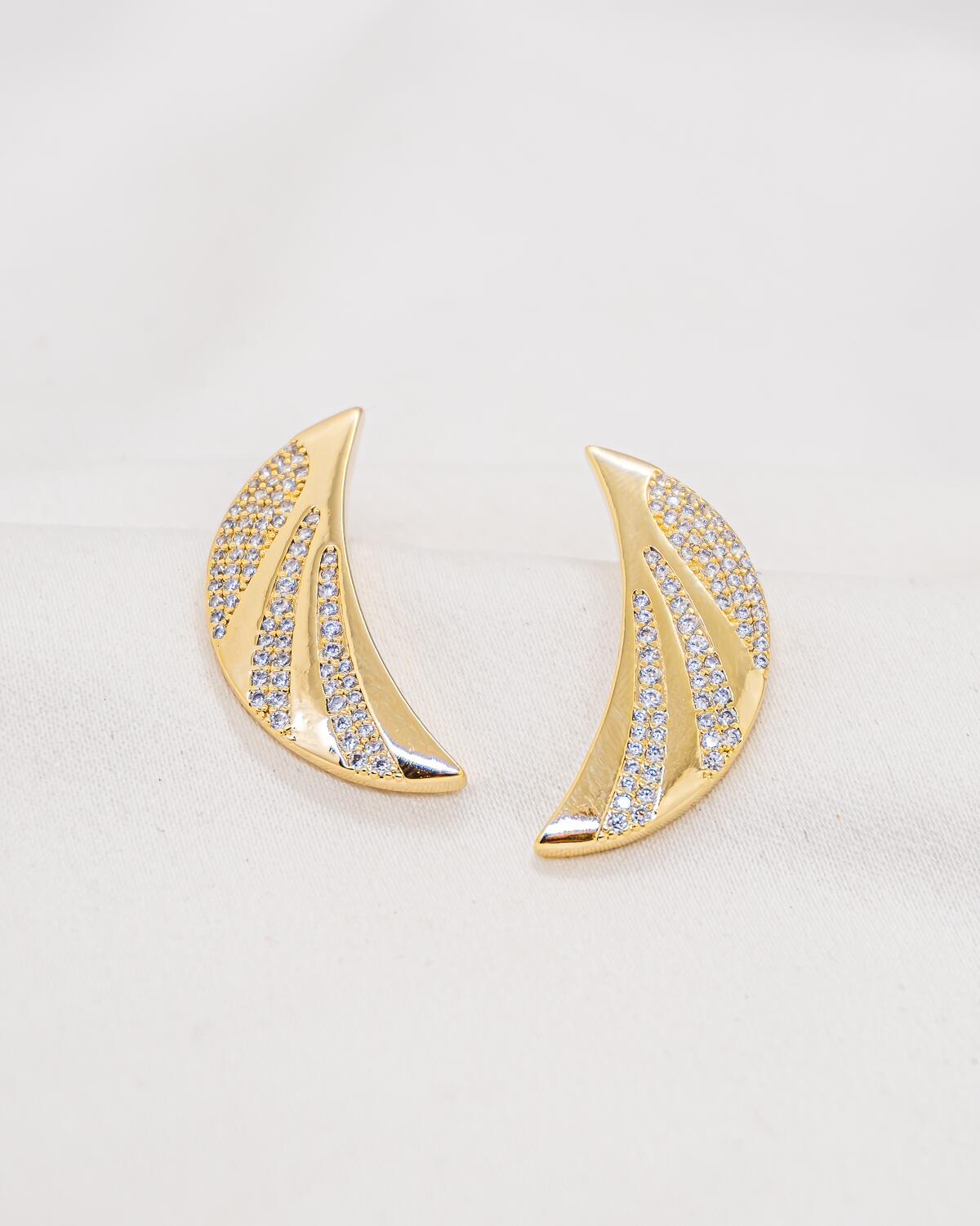 Golden Crescent Earrings, with Lines of Clear Stones