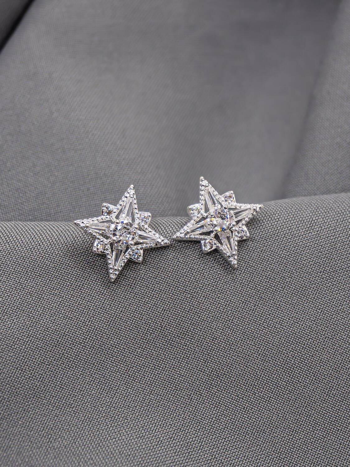 Paire de boucles d’oreilles étoile argentées serties de pierres claires, posées sur un tissu gris