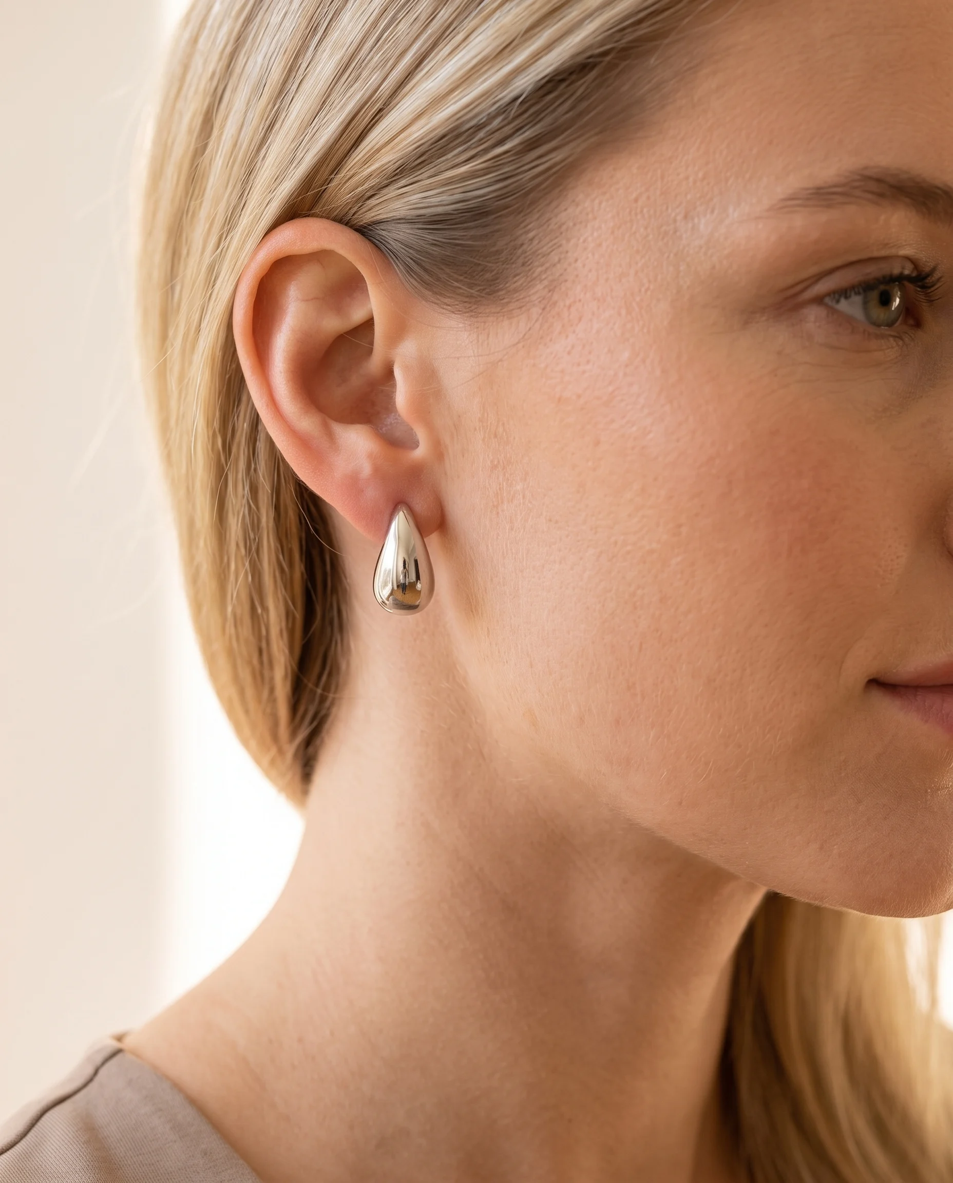 White Rhodium Teardrop Hoop Earrings, 1.5cm, Worn, Close-up View