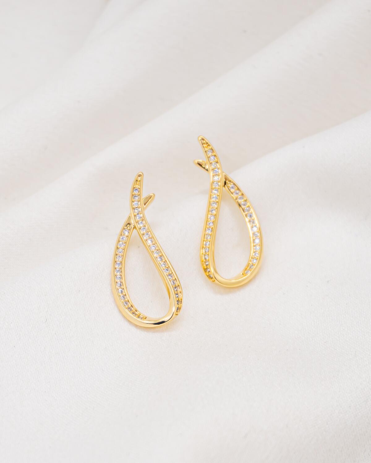 Gold Open Drop Earrings – One Edge Pavé-Set with Clear Stones