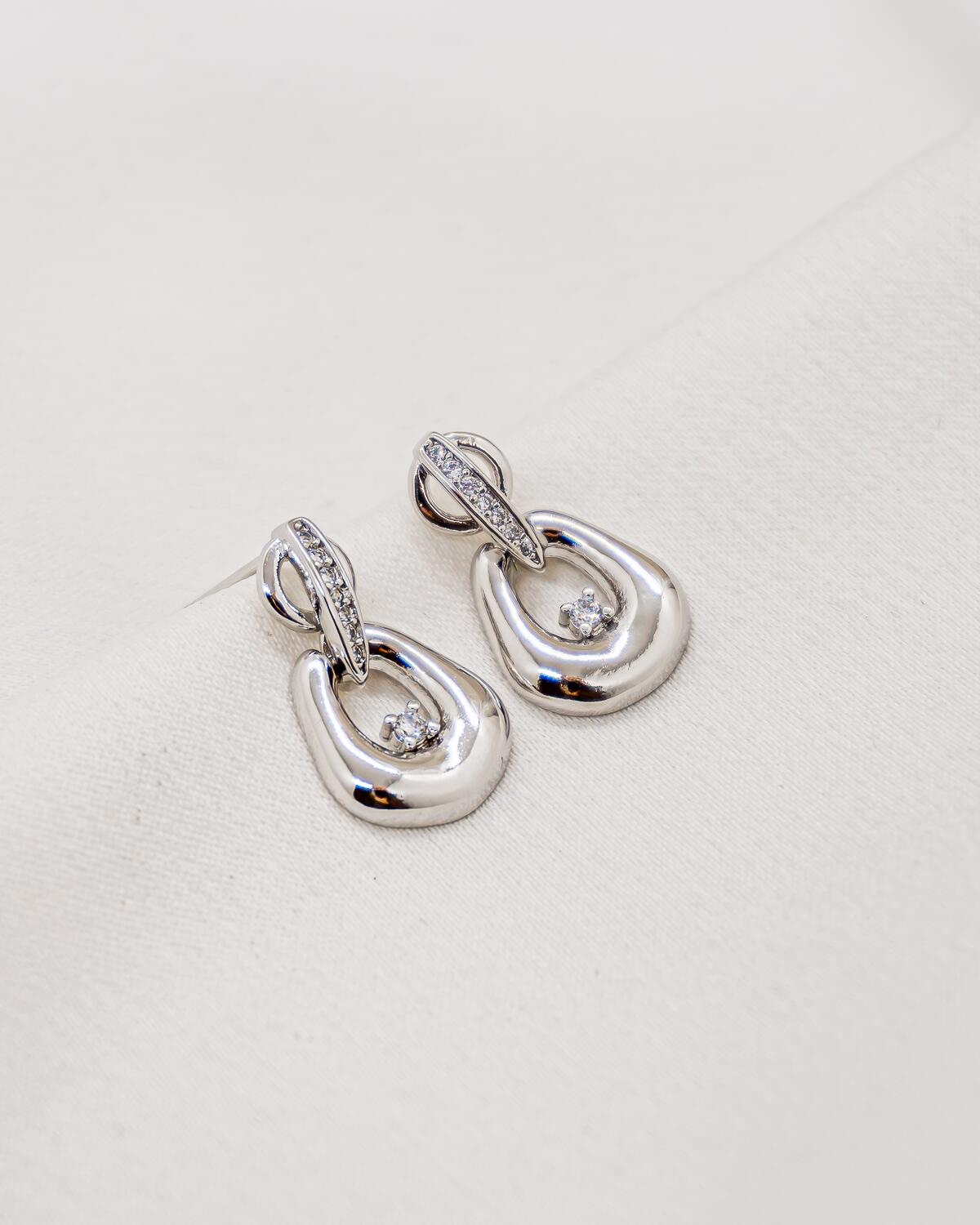 Silver Drop Earrings – Openwork Pendant with Clear Stone and Pavé Bar – Lifestyle