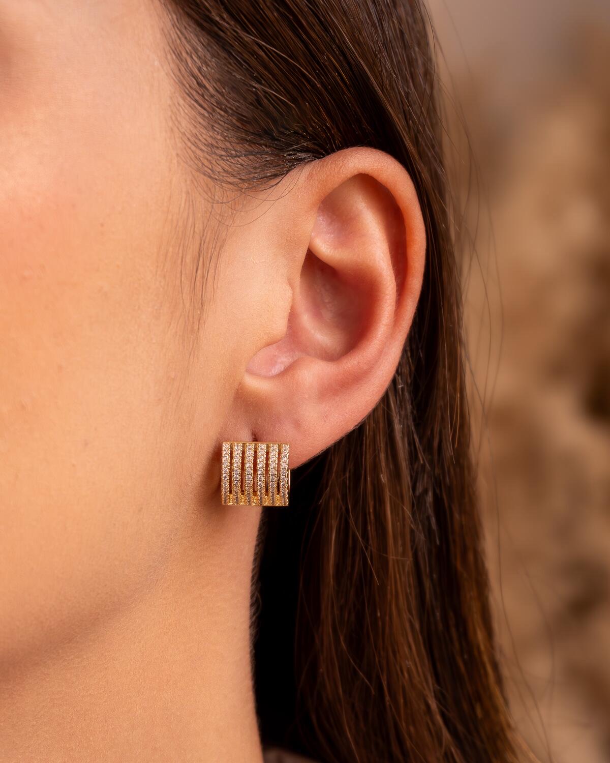 Gold 6-Row Pavé Small Hoop Earrings — Worn
