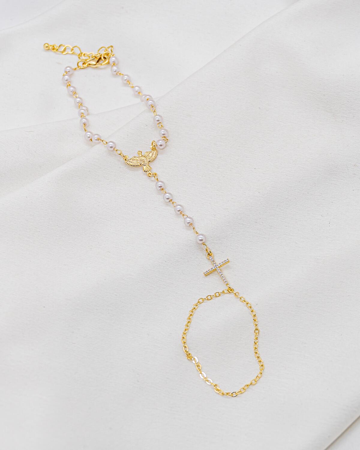 Bracelet de main doré à perles blanches, colombe et croix sertie, avec boucle de chaîne