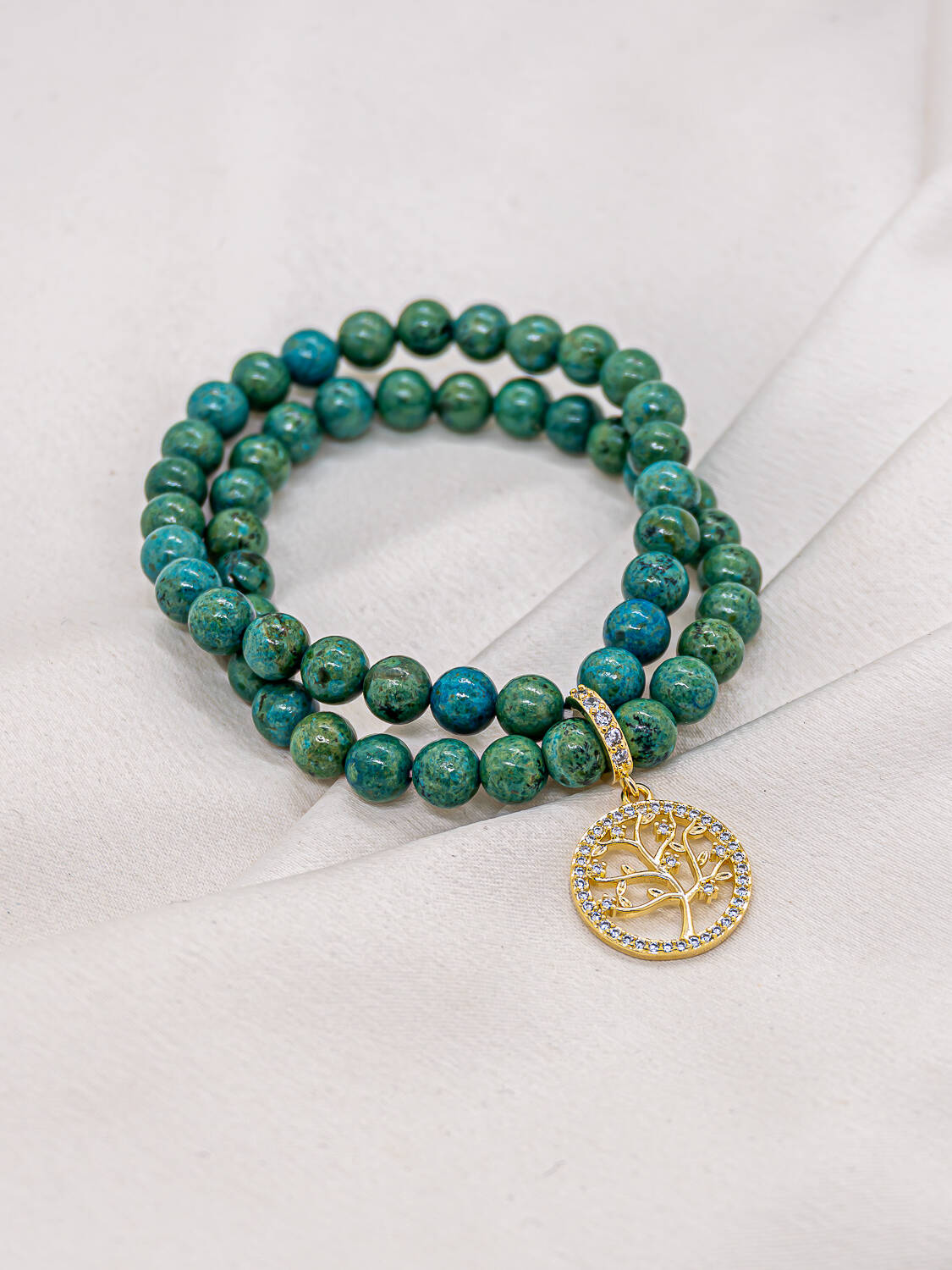 Double bracelet de boules vert bleuté avec pendentif doré en arbre de vie serti