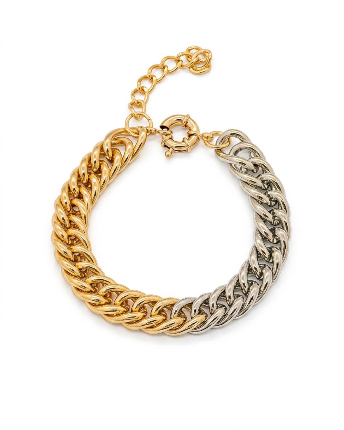 Two-tone chunky curb chain bracelet, half gold and half silver, with round clasp