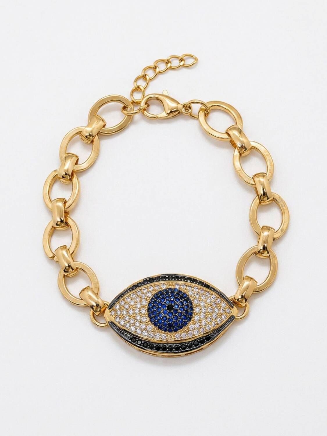 Bracelet doré à larges maillons avec grand œil grec serti de pierres bleues, claires et noires