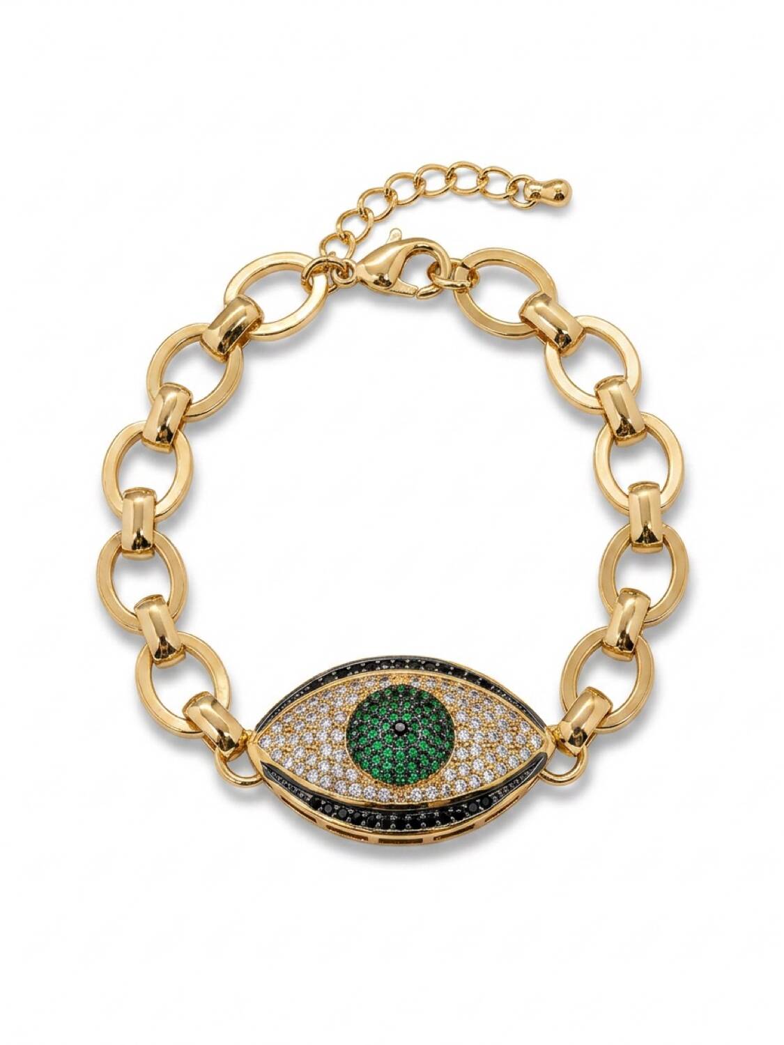 Bracelet doré à larges maillons avec grand œil grec serti de pierres vertes, claires et noires