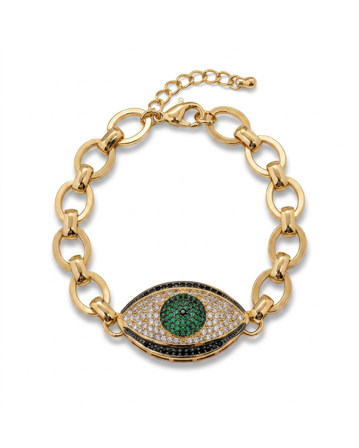 Gold wide-link bracelet with large Greek eye set with green, clear and black stones