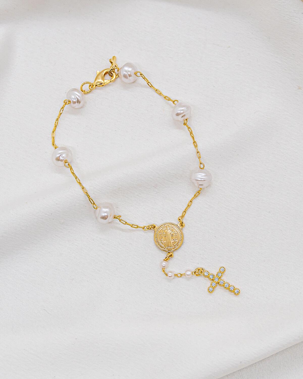 Gold-Toned Bracelet with Irregular White Pearls, Saint Benedict Medal Set Cross