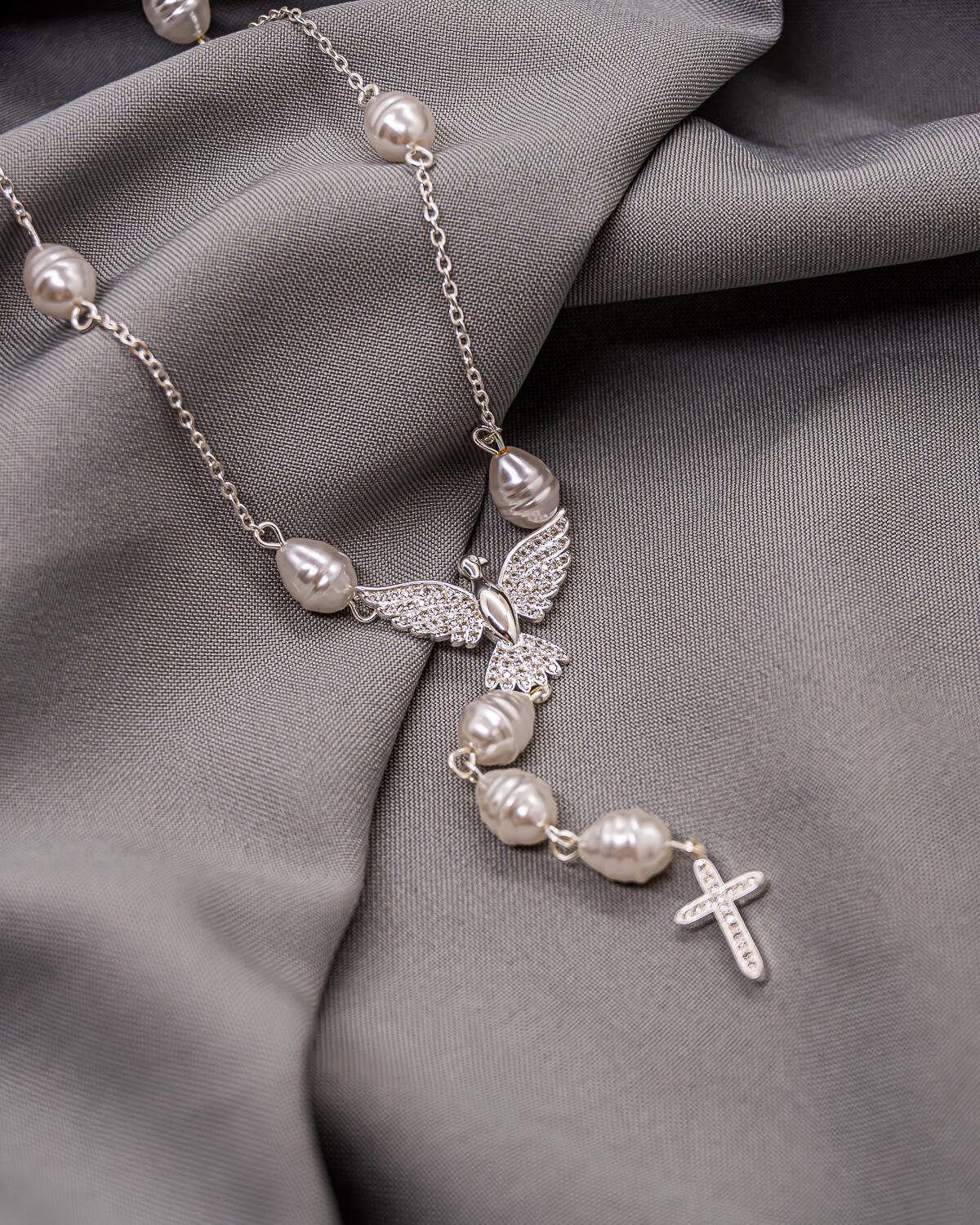 Silver-tone rosary necklace with baroque pearls, dove pavé-set with clear stones, and small cross