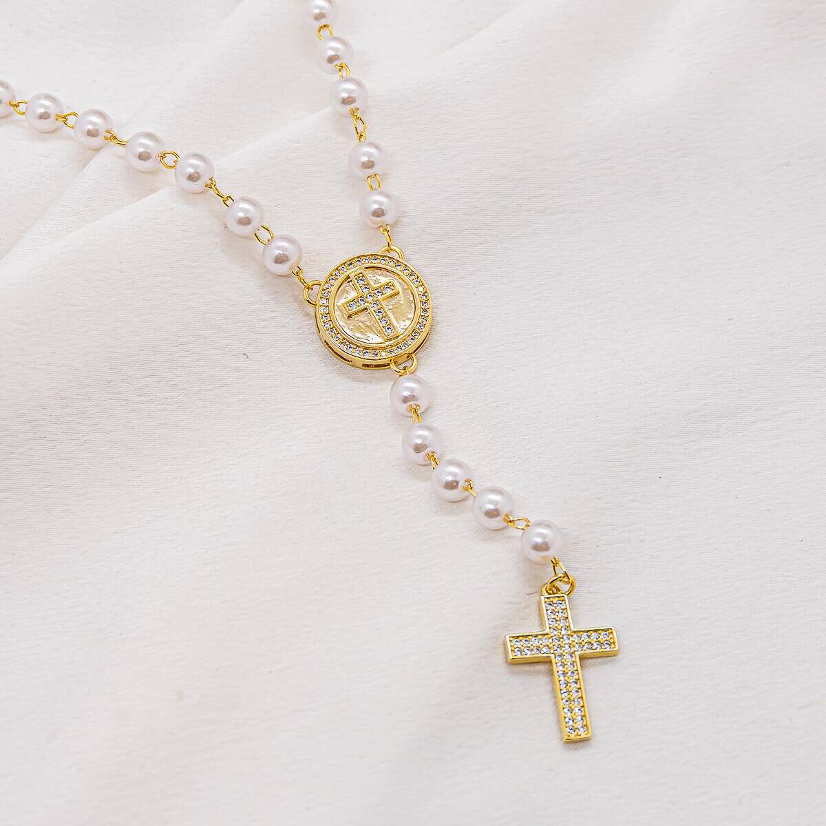 White Pearl Rosary Necklace with Round Pavé-Set Cross Medal and Large Gold Cross