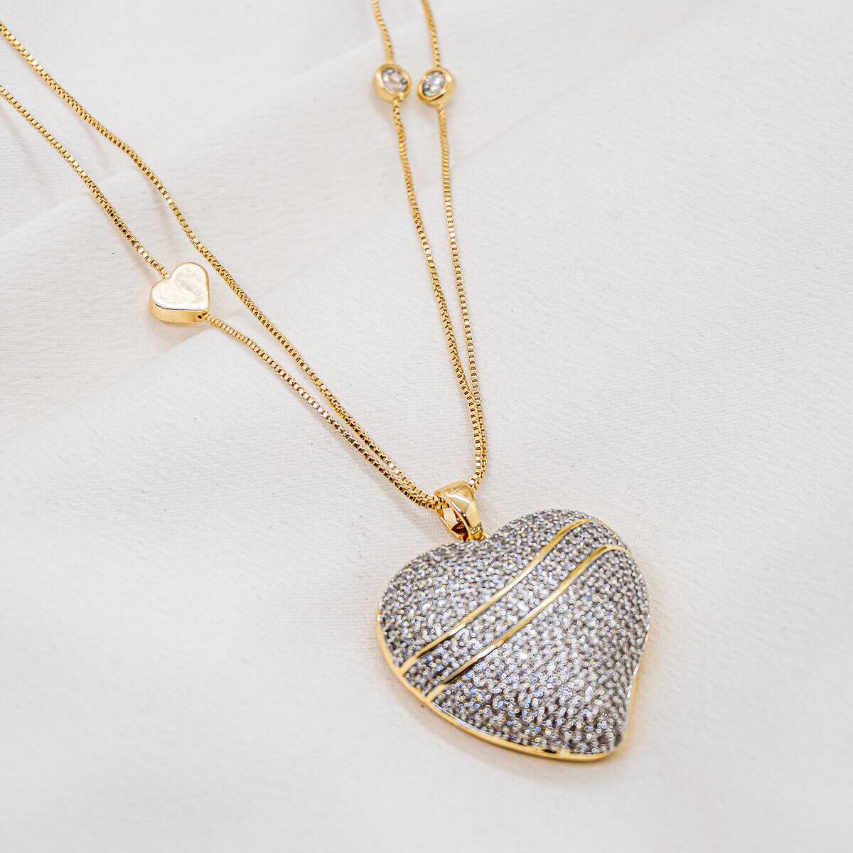 Two-Chain Necklace, Smooth Small Heart, Large Pavé Heart with Clear Stones
