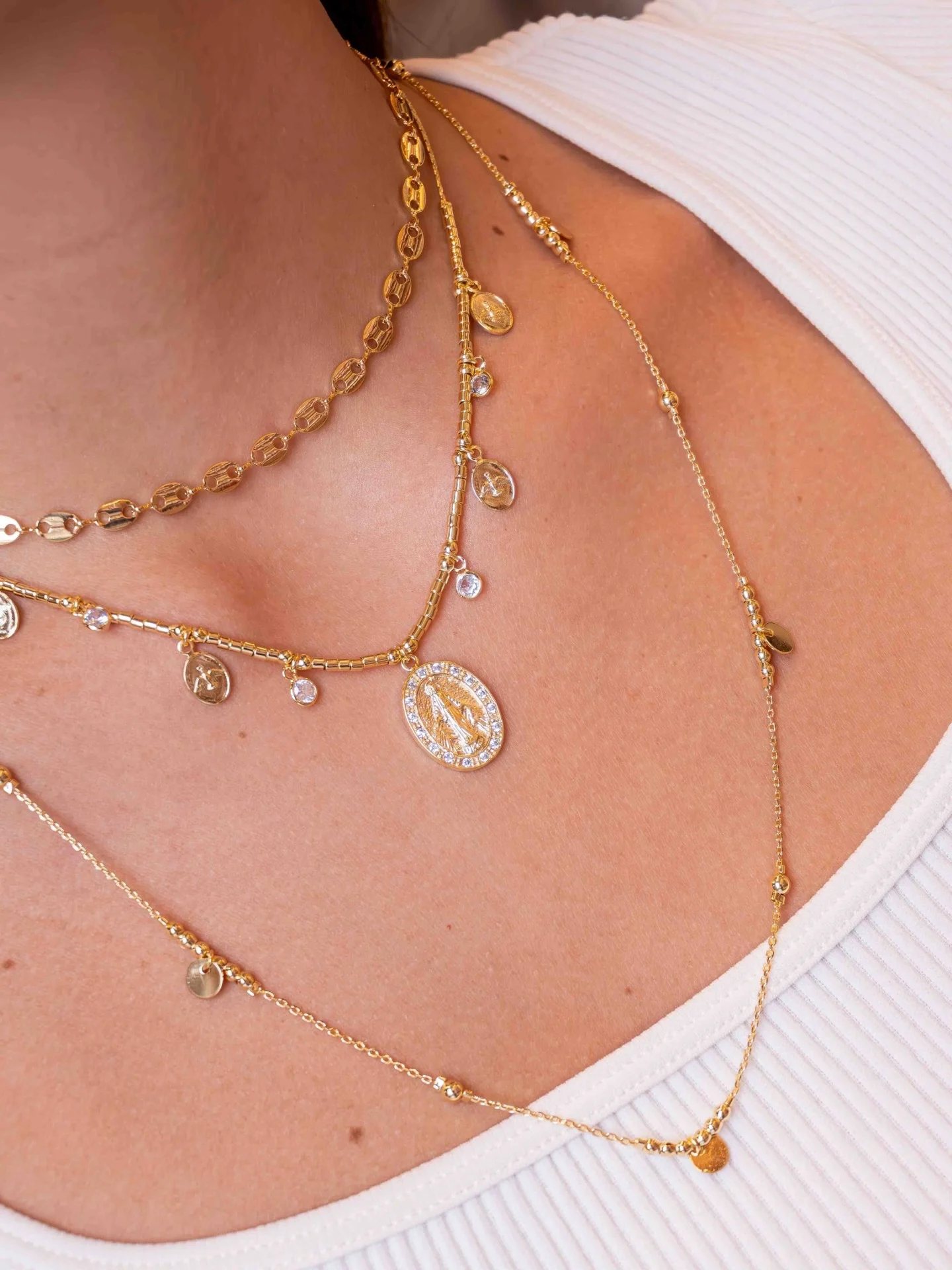 Gold Long Necklace – Mini Links, Small Beads Medallions – Worn, Detail View