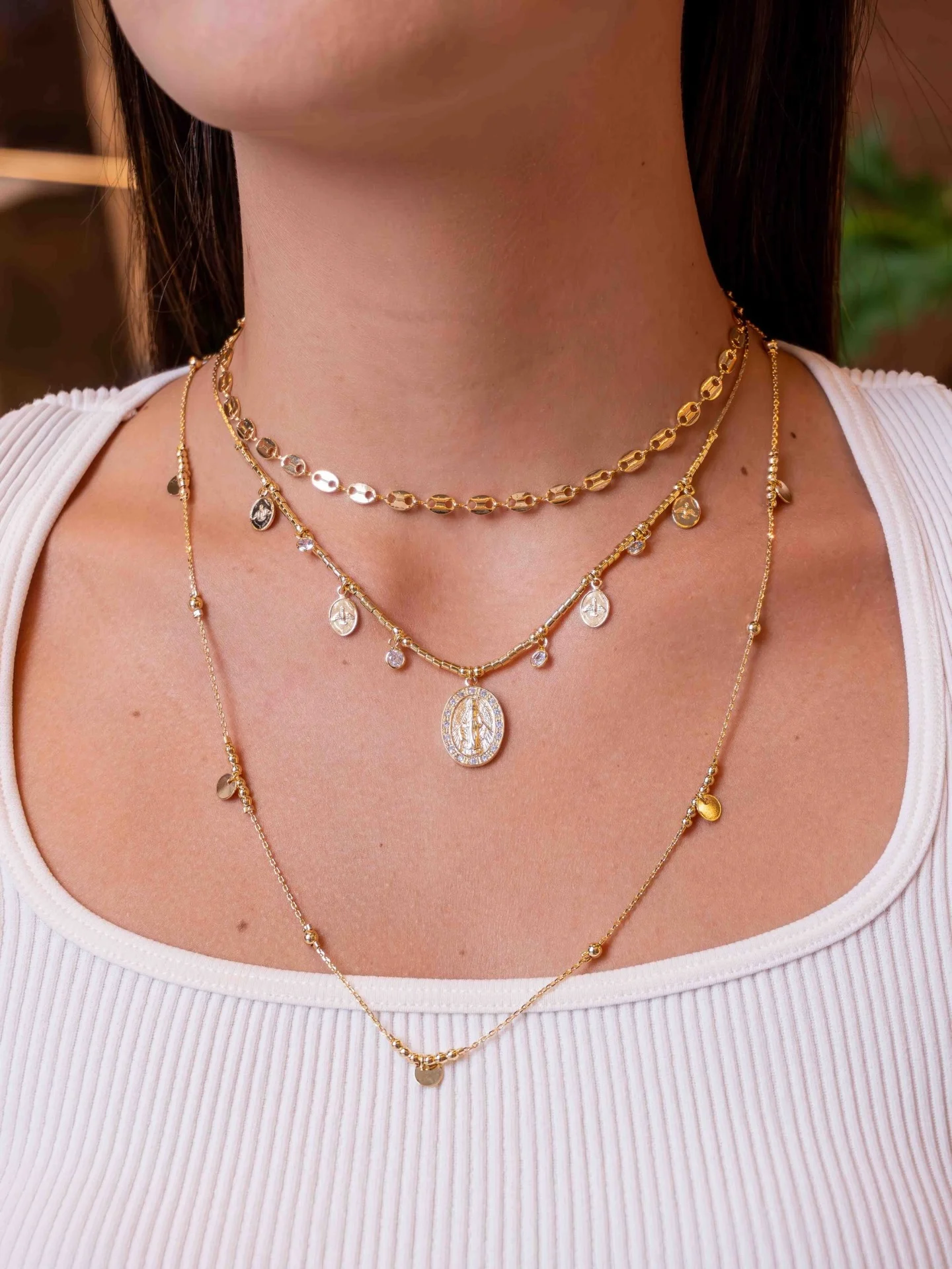 Gold Long Necklace – Mini Links, Small Beads Medallions – Worn, Detail