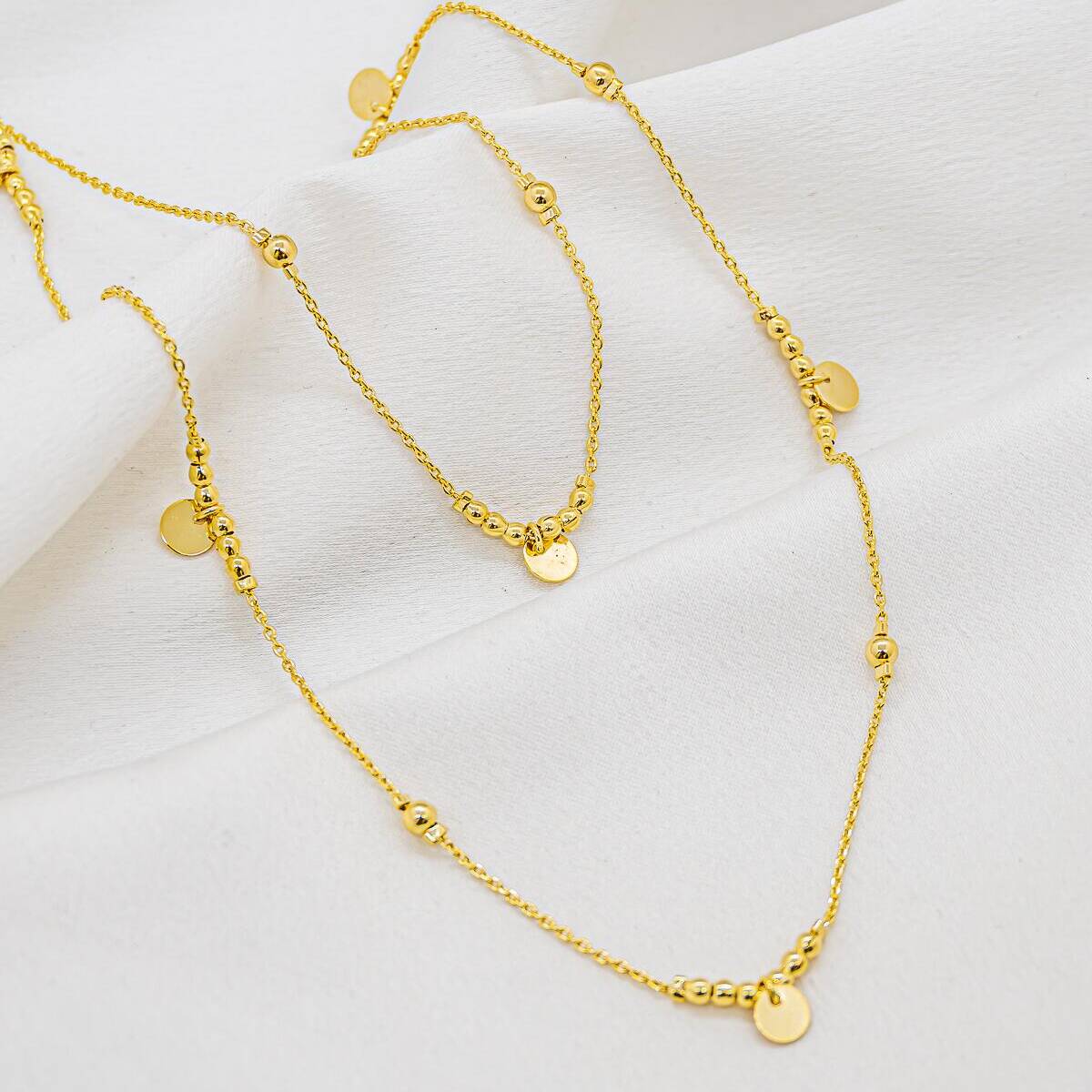 Gold Long Necklace – Fine Chain, Smooth Beads  Round Medallions – Display