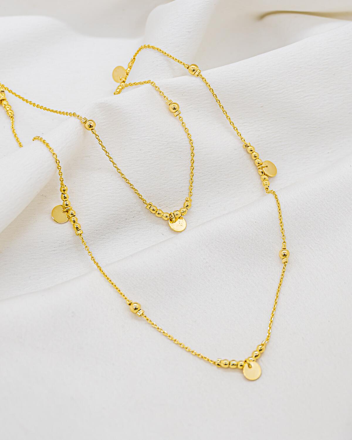 Gold Long Necklace – Fine Chain, Smooth Beads Round Medallions – Display