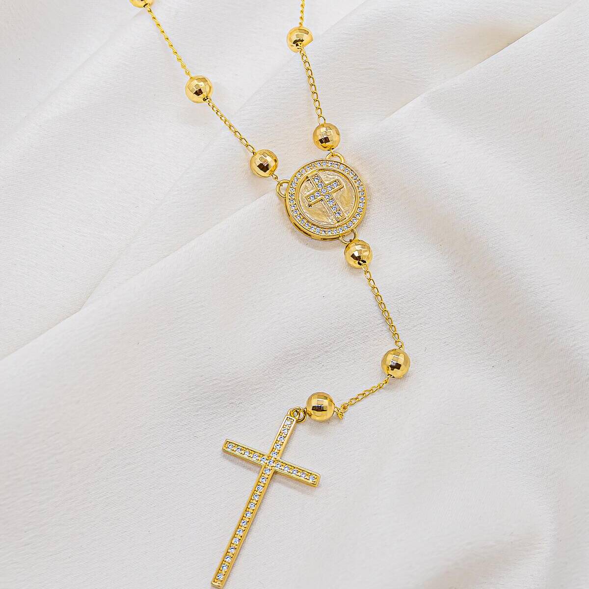 Long Faceted Gold Bead Necklace, Pavé-Set Cross Medal, and Large Cross