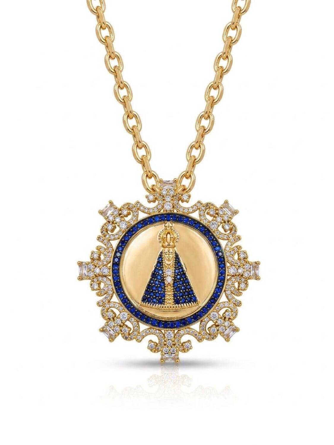 Collier doré à larges maillons et médaille de la Vierge couronnée, pierres bleues et bordure sertie