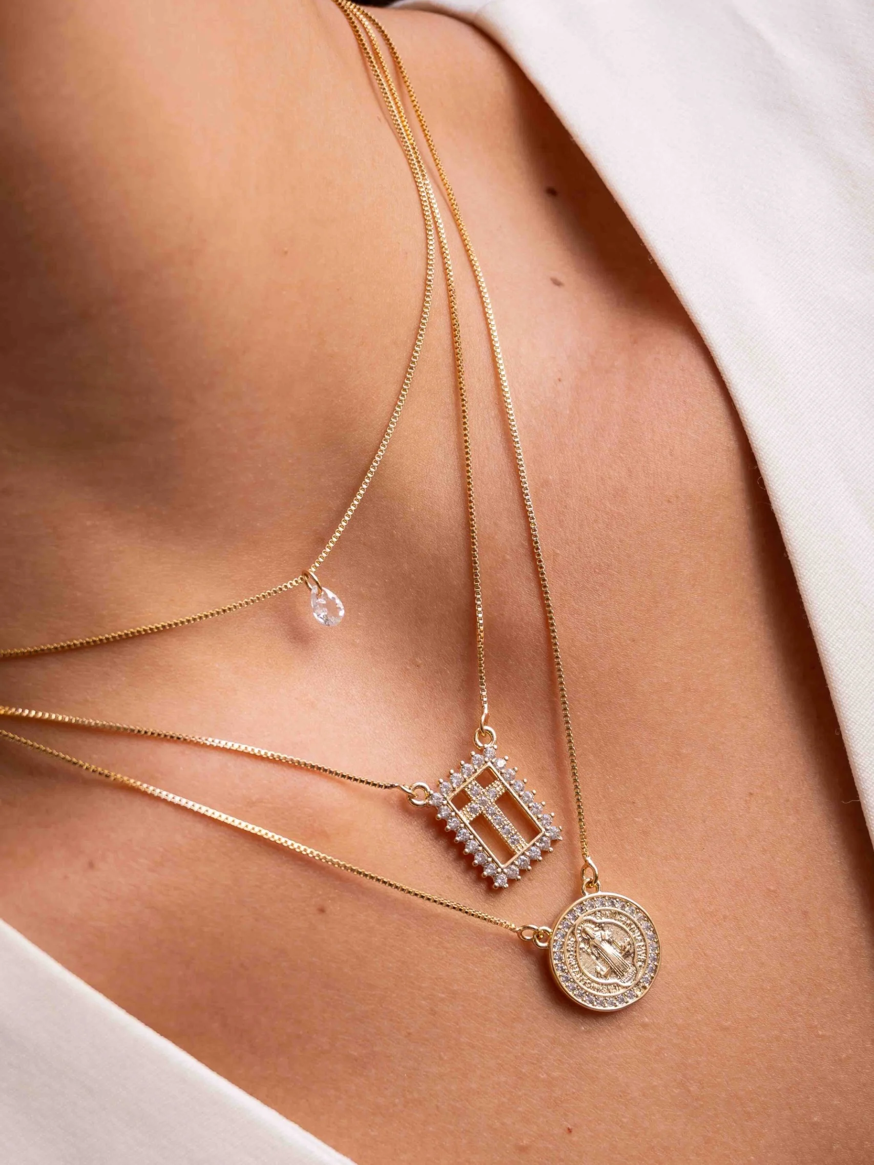 Venetian box chain necklace, pavé-set openwork cross plaque – Worn, close-up, alternate view