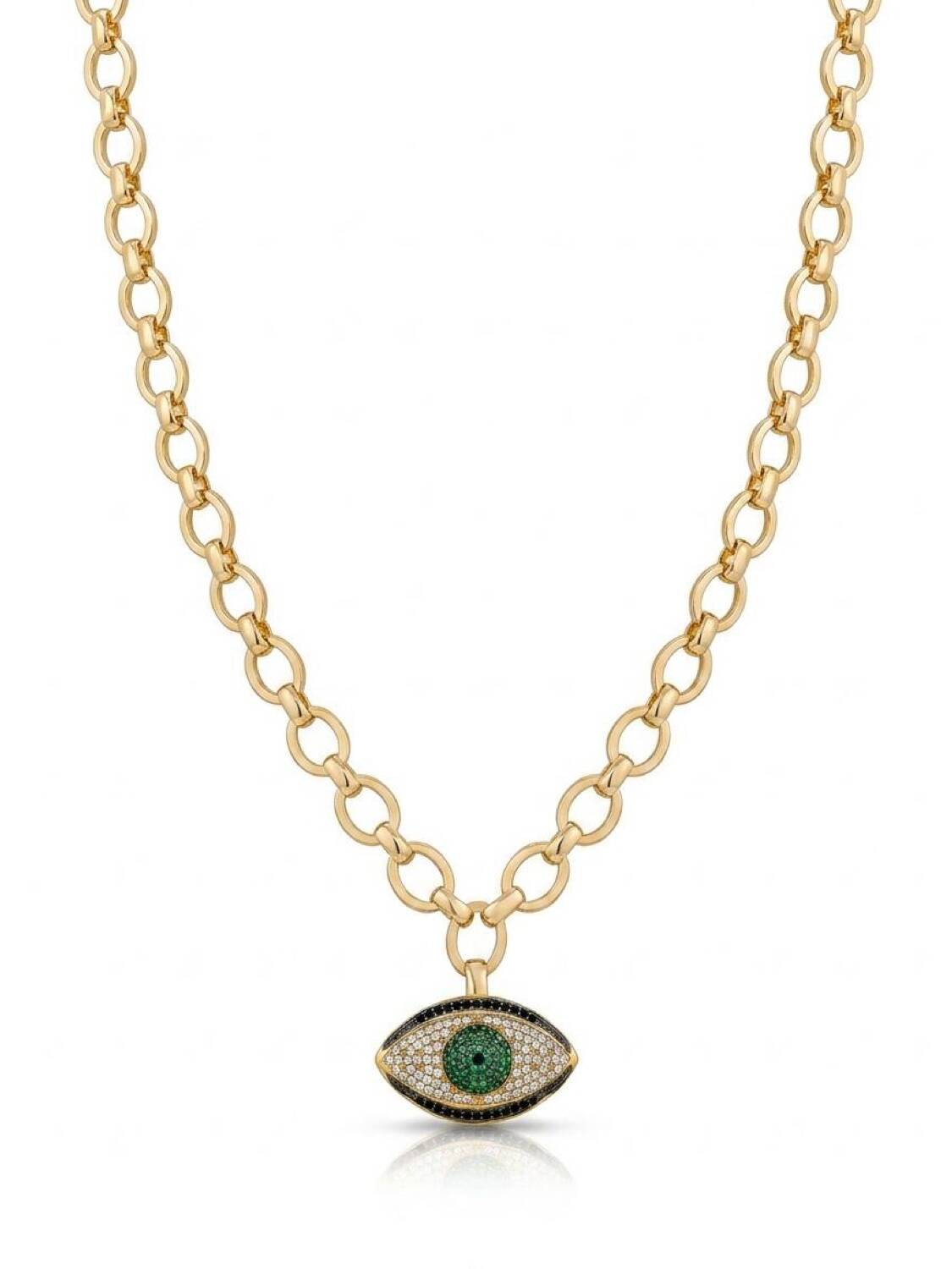 Collier doré à larges maillons ovales et pendentif œil grec à iris vert serti, fond blanc