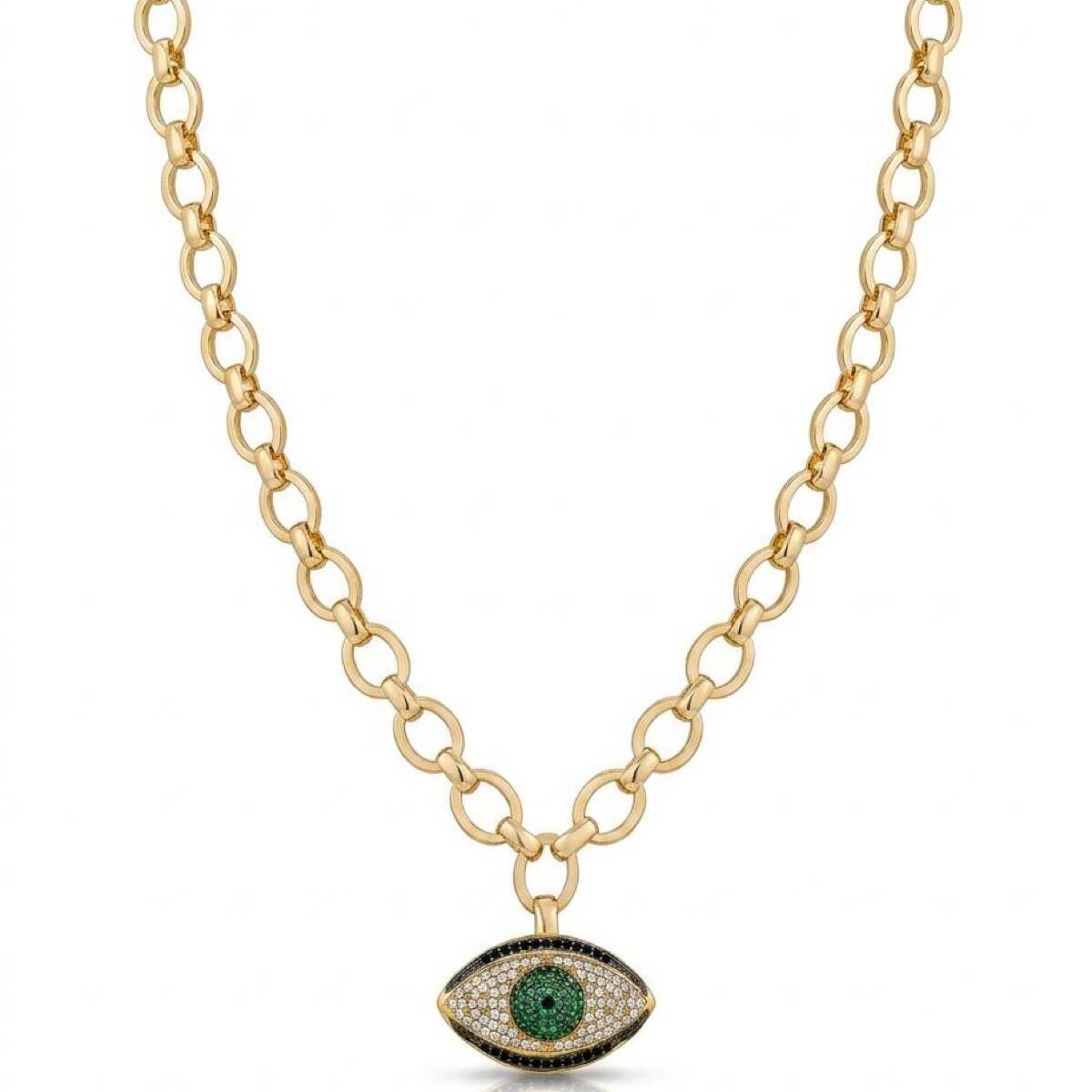 Gold necklace with wide oval links and green-iris pavé-set evil eye pendant, white background