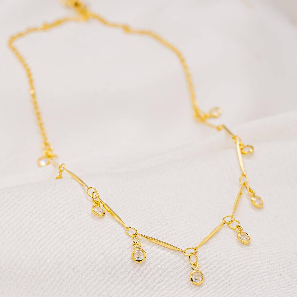 Gold Fine Chain Necklace with Delicate Bar Links and Dangling Clear Set Stones