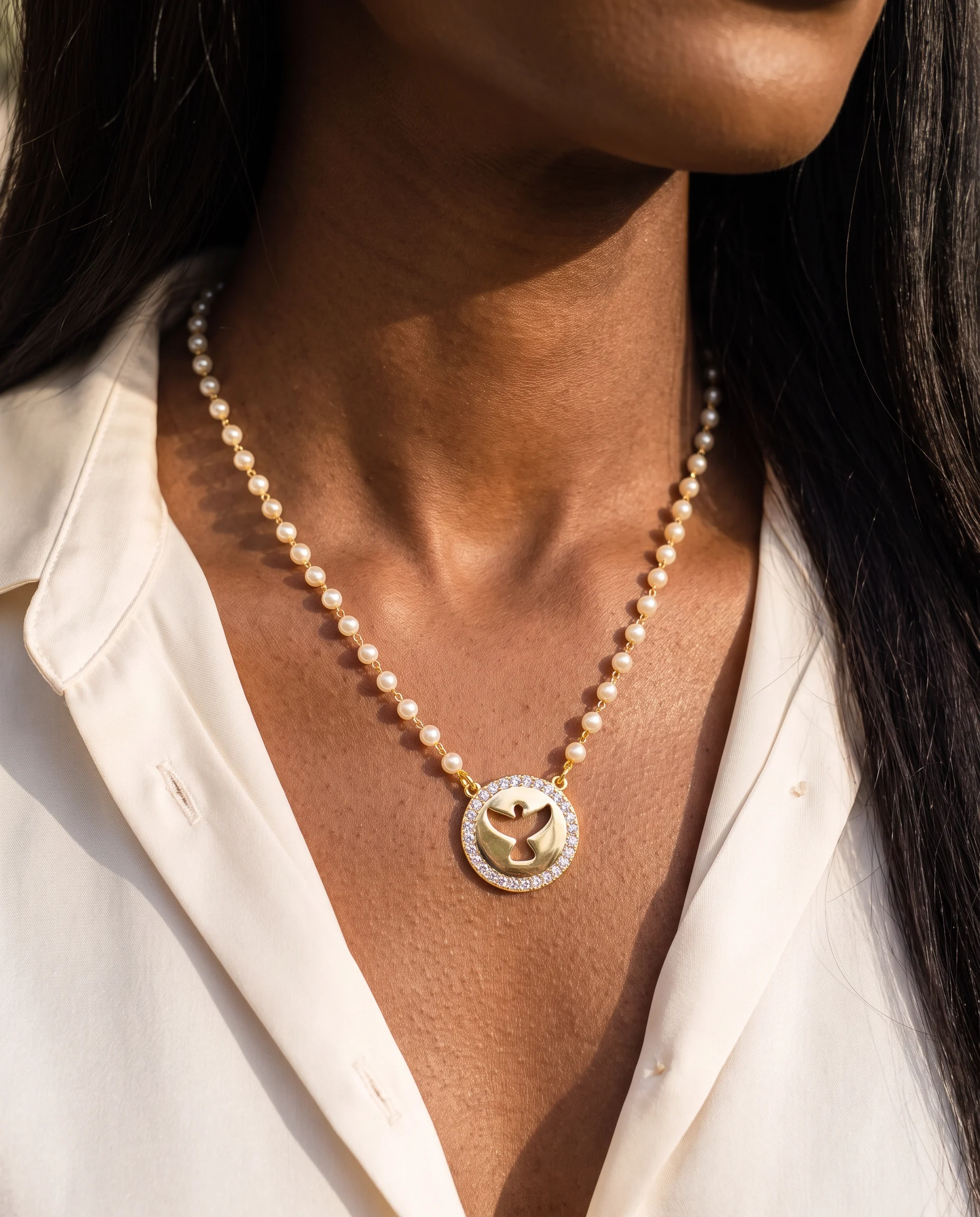 Collier de petites perles ivoire à médaille dorée ajourée d’une colombe, vu de près