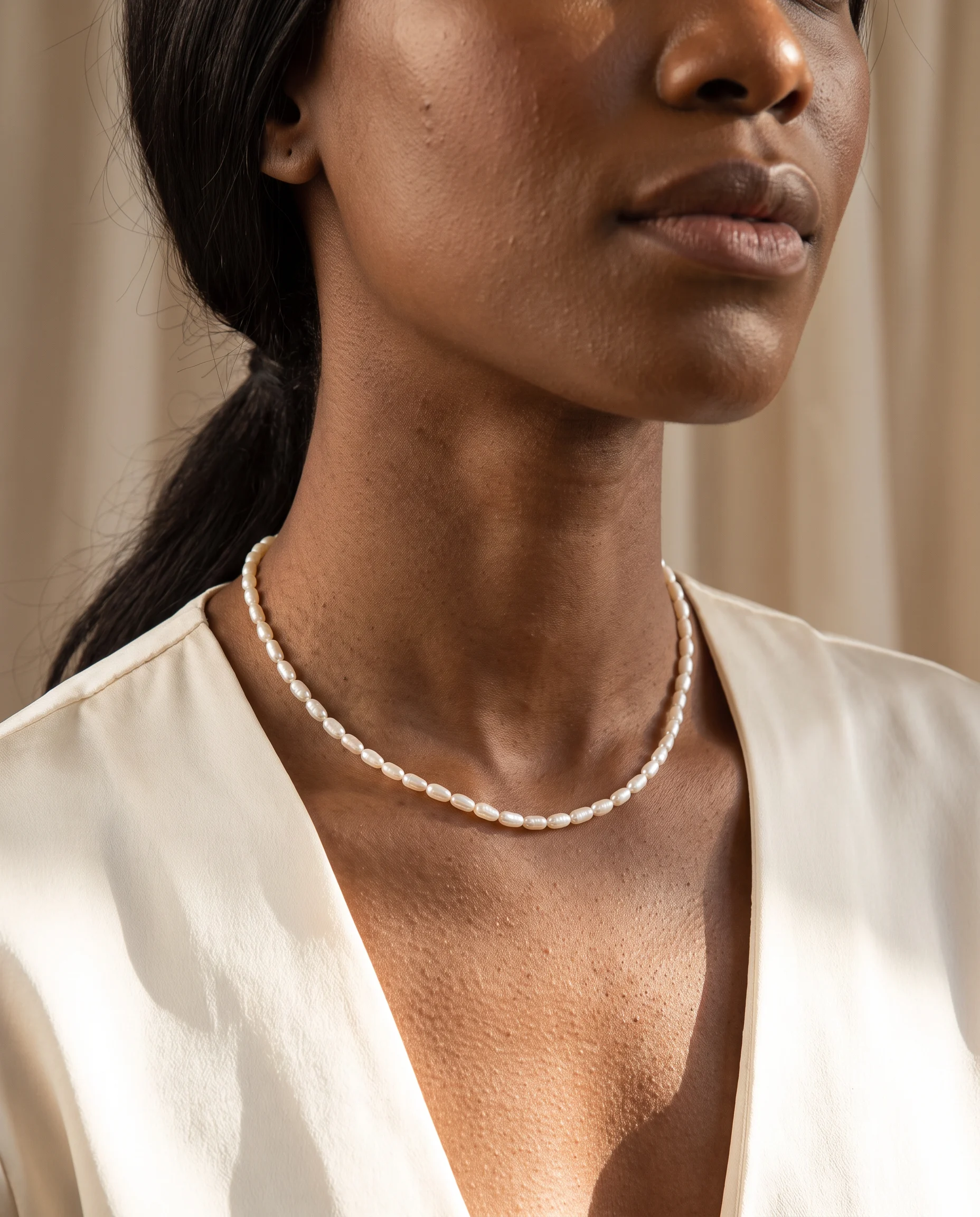 Choker Necklace, Small Elongated Ivory Pearls with Gold Clasp, Close-up