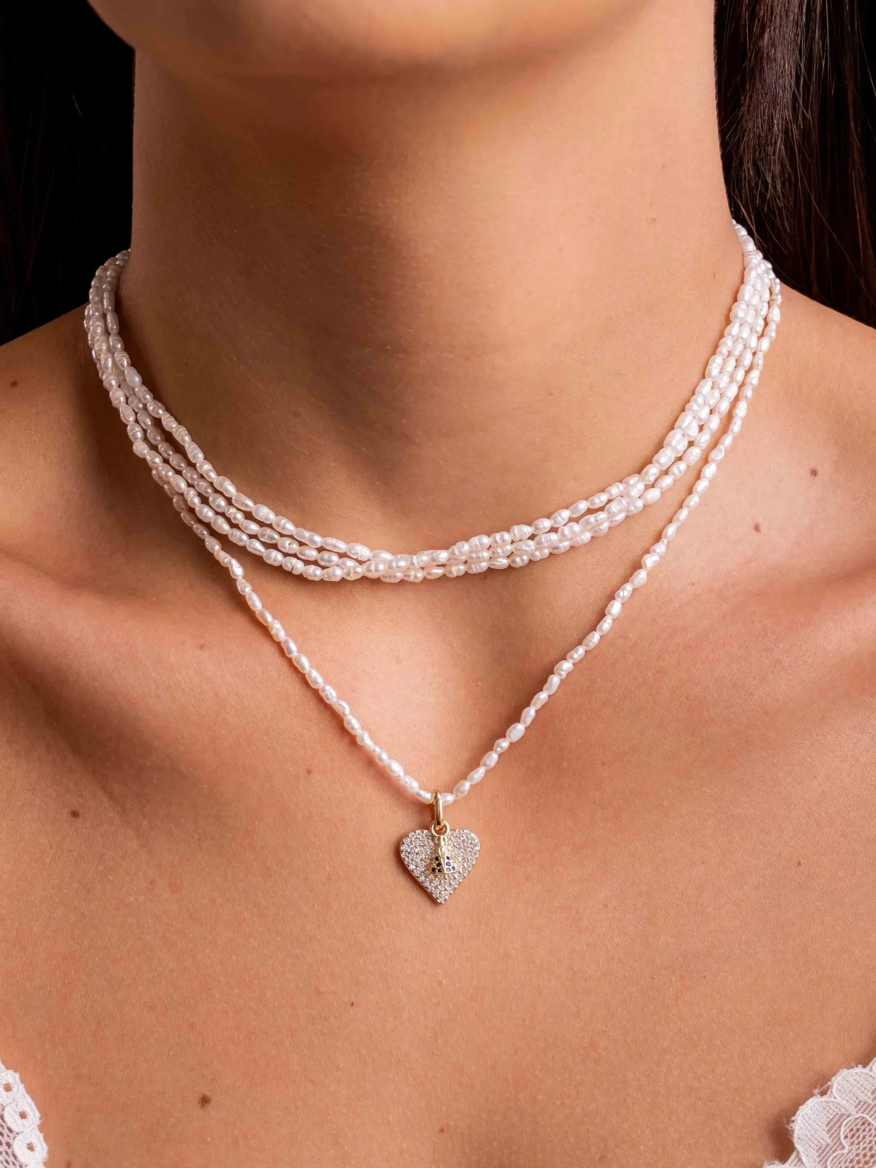 Choker Necklace, Oval Freshwater Mini Pearl, Worn Close-up