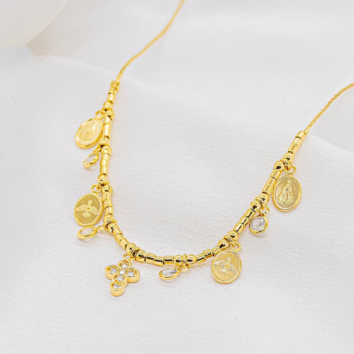 Gold Tube Bead Choker Necklace with Oval Religious Medals, Dangling Clear Stones, and Pavé-Set Cross