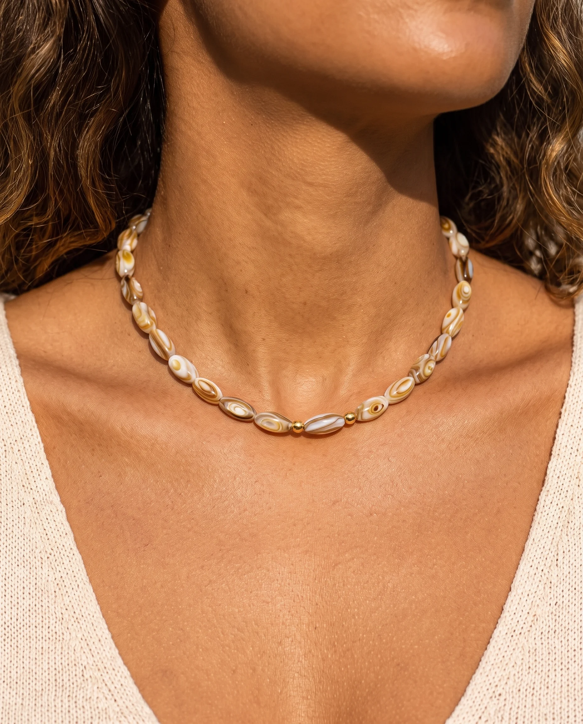 Caramel Oval Mother-of-Pearl Choker, Golden Clasp – Worn, Close-up