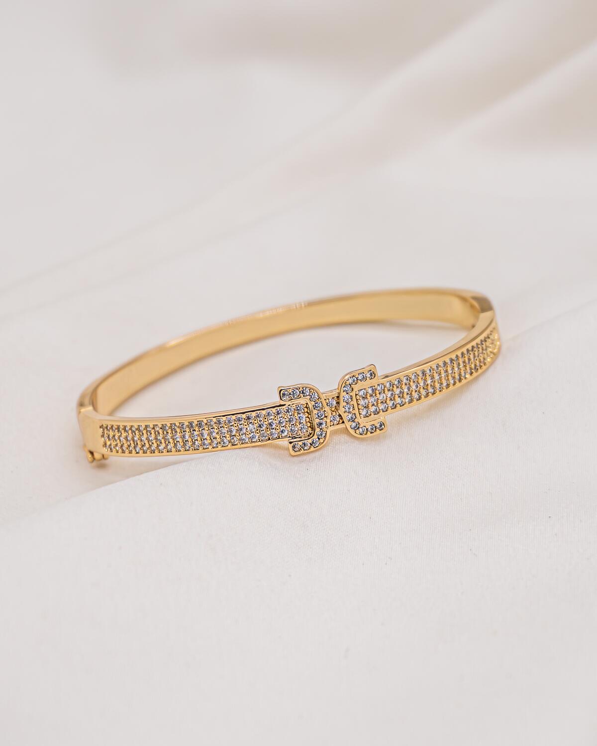 Gold Bangle, Pavé-Set Clear Stones, Central Belt Buckle Motif