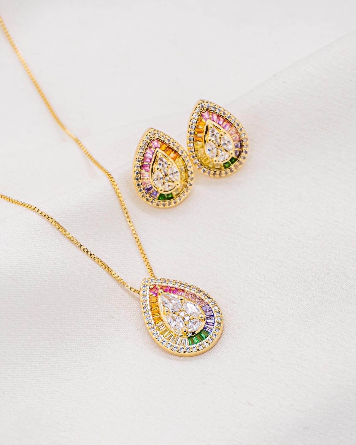Gold Set: Teardrop Pendant Multicolored Baguette Earrings on Chain