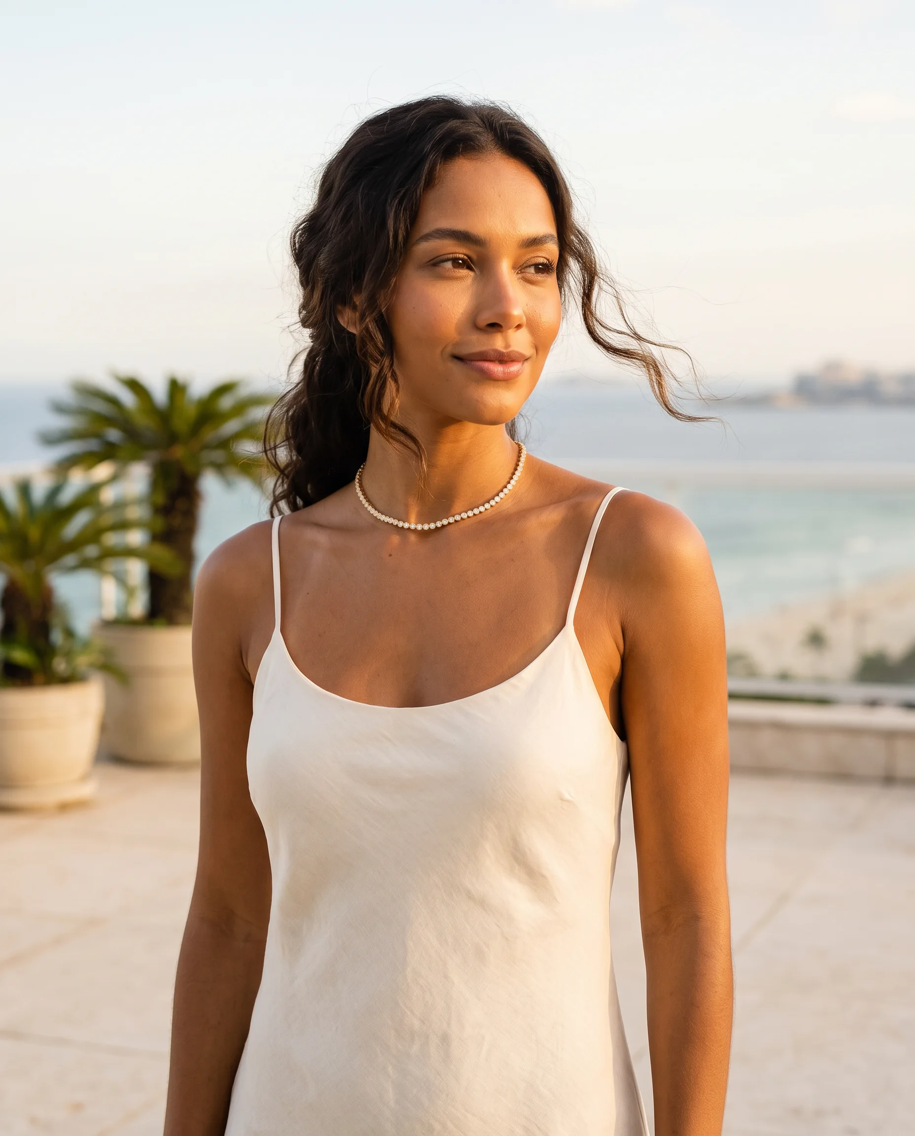 Mulher em vestido marfim em um rooftop ao pôr do sol, gargantilha riviera dourada